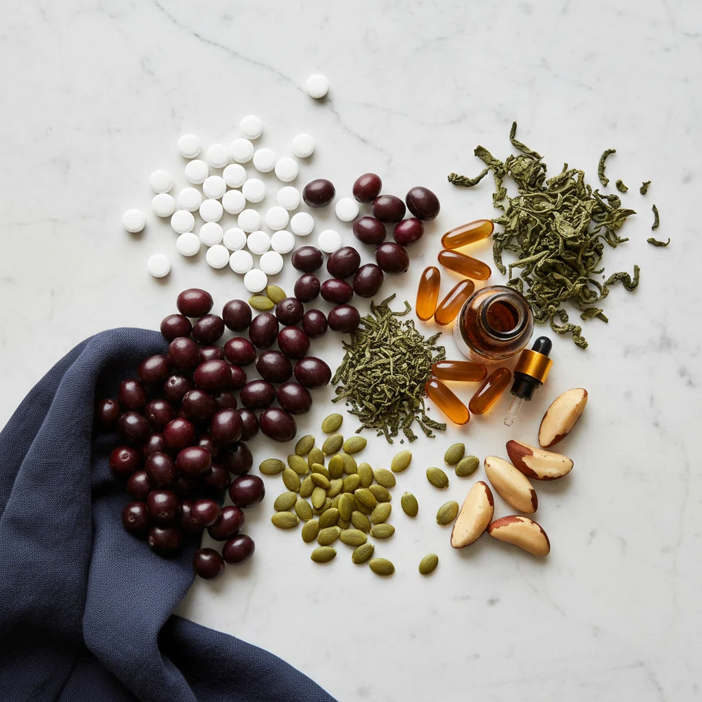 Zink selenium supplement man - flat lay van zaagolijfpalm bessen, groene thee, pompoenpitten en capsules