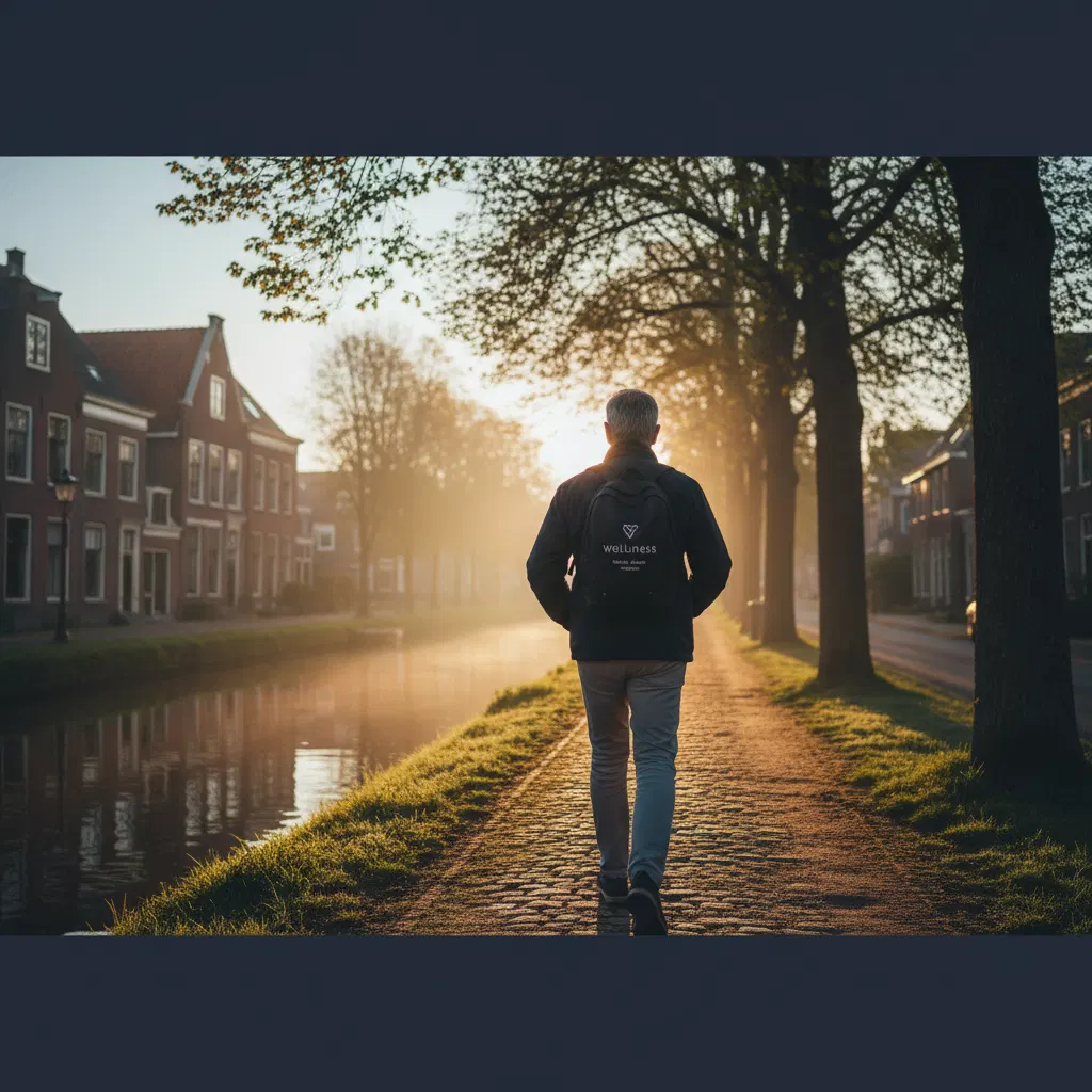 Man na het 50e jaar actief buiten wandelen langs Hollands kanaal