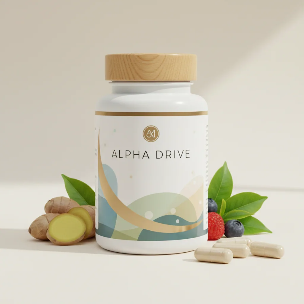 Alpha Drive voedingssupplement witte pot met blauw hexagonaal logo